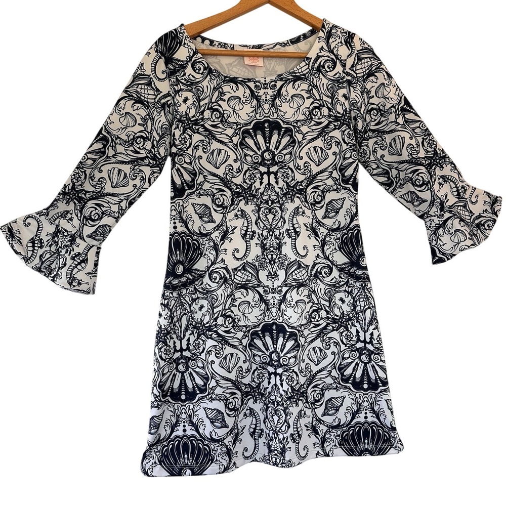 Michell Parisou Mini Dress Nautical XS 3/4 Bell Sleeve Resort Seahorse Shell